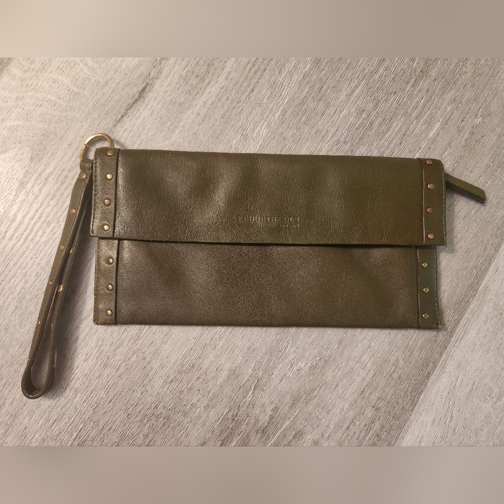 Kenneth Cole Studded Olive Green Leather Wristlet/ Wallet